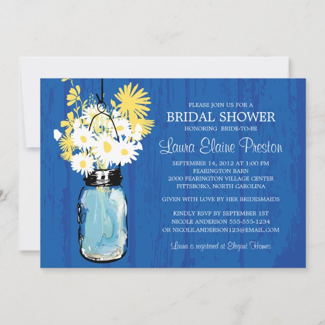 Invitation Bleu Cobalt Rustic Mason Jar et marguerites jaunes (Devant)