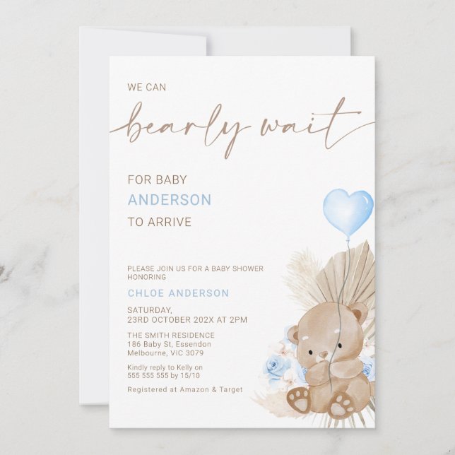 Invitation Bleu Coeur Balloon Floral Baby shower d'attente (Devant)