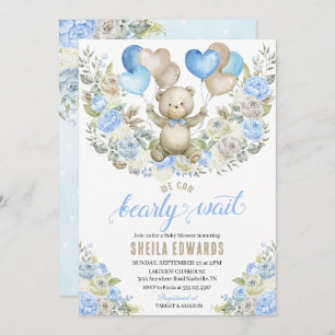 Invitation Bleu Coeur Balloon Teddy Bear Boy Baby shower