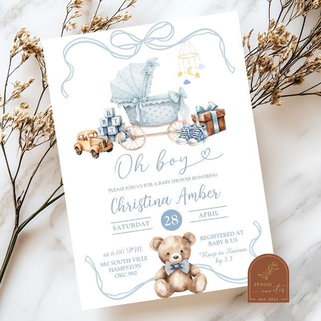 Invitation Bleu Coquette Bébé Carriage Baby shower garçon (Créateur téléchargé)