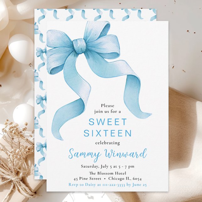 Invitation Bleu Coquette Bow Sweet Seize (Créateur téléchargé)
