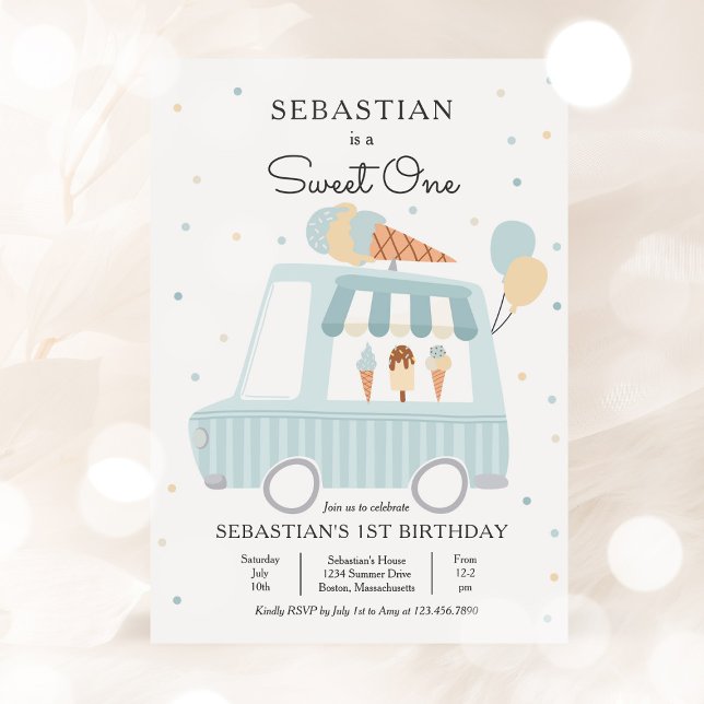 Invitation Bleu crème glacée Camion Sweet Un 1er anniversaire (Créateur téléchargé)