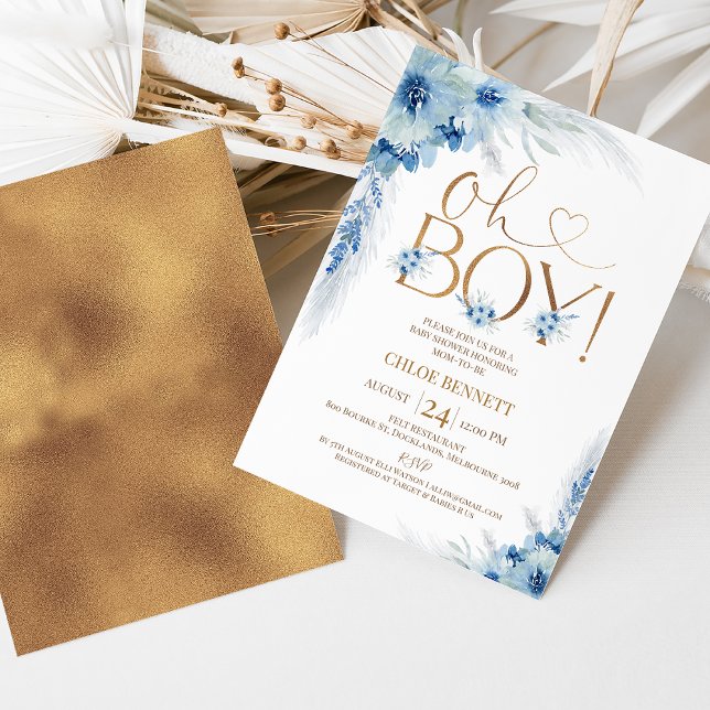Invitation Bleu Cuivre Boho Pampas Grass Oh Boy Baby shower (Sweet oh boy baby shower invitation featuring some blue boho floral arrangement and faux copper foil)