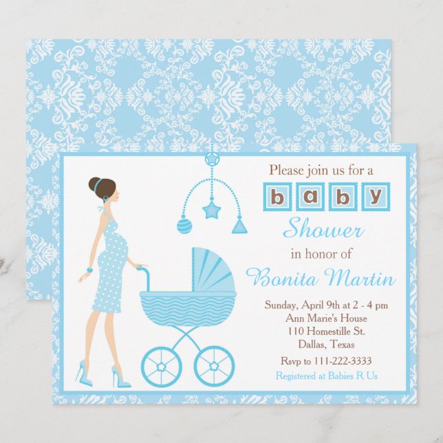 Invitation Bleu Damas Brunette Attente Baby shower garçon (Devant / Derrière)