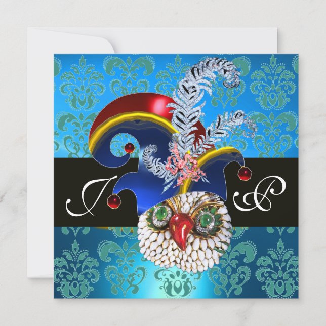 INVITATION BLEU DAMAS , HIBOU JOYAU , CHAPEAU DE LUTIN , PLUM (Devant)