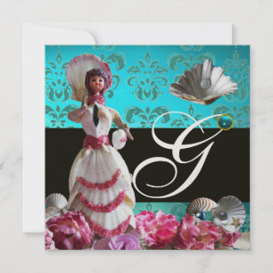 INVITATION BLEU DAMASK BEACH MARIAGE - MONOGRAM FÊTE DES MARI