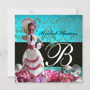 INVITATION BLEU DAMASK BEACH MARIAGE - MONOGRAM FÊTE DES MARI