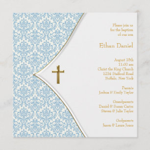 Invitation Bleu Damask Cross-Christening