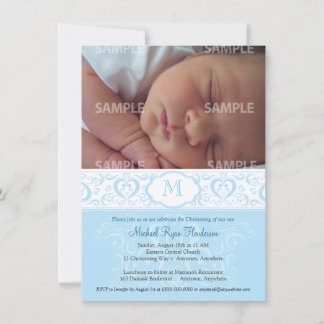 Invitation Bleu Damask Monogramme Baptême/Christening