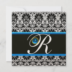 Invitation BLEU DAMASSÉ MONOGRAMME Noir Blanc Saphir Or