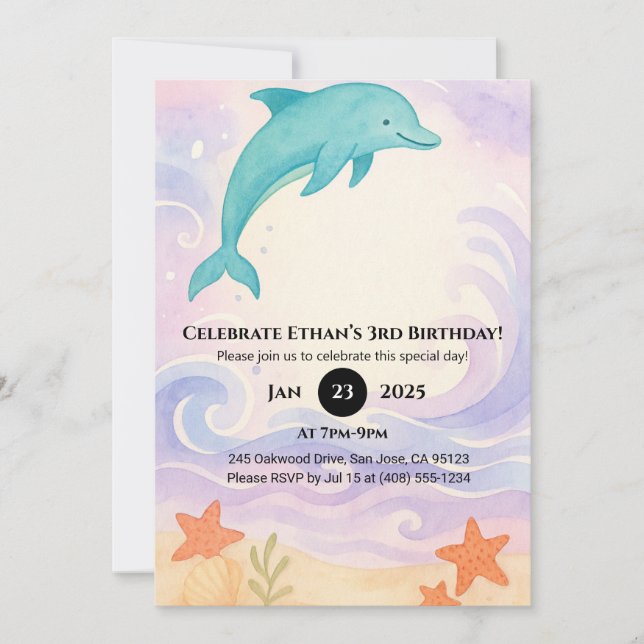 Invitation Bleu Dauphin & Starfish Océan Anniversaire (Devant)