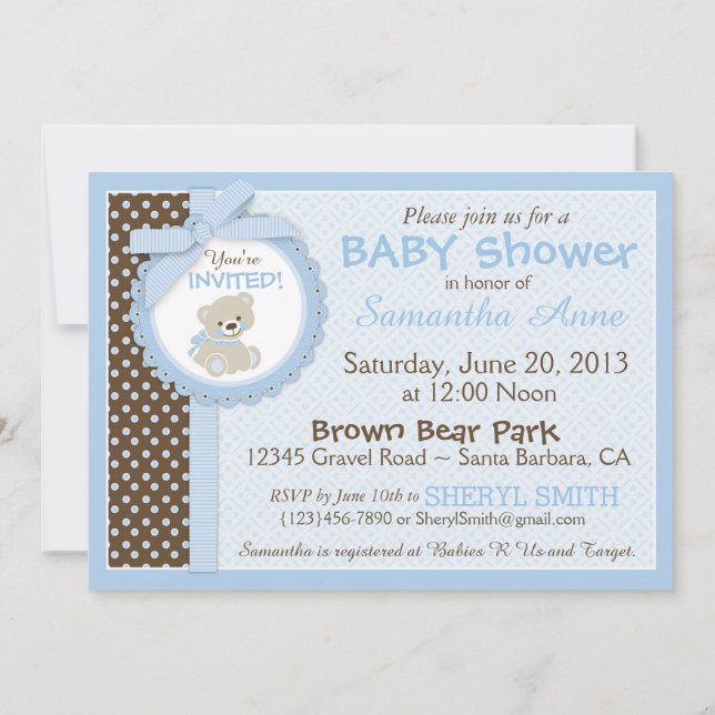 Invitation Bleu de baby shower de bébé d'ours de nounours (Dos)