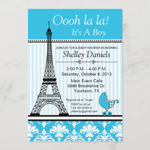 Invitation Bleu de baby shower de thème de Tour Eiffel de