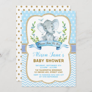 Invitation Bleu de baby shower d'éléphant de garçon et