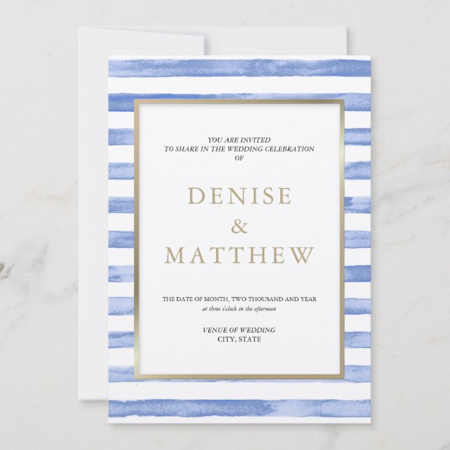 Invitation Bleu de barbeau aquarelle rayure et lettrage doré (Devant)