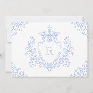 Invitation Bleu de blason de baptême catholique initial