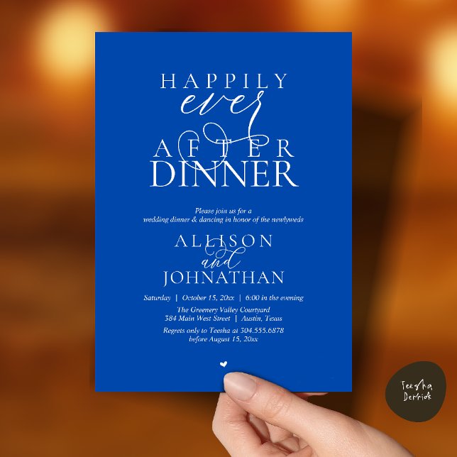Invitation Bleu de Cobalt Heureux Après-Dîner Mariage à Tout  (Cobalt Blue Happily Ever After Dinner Modern Script Wedding Invitation Card)