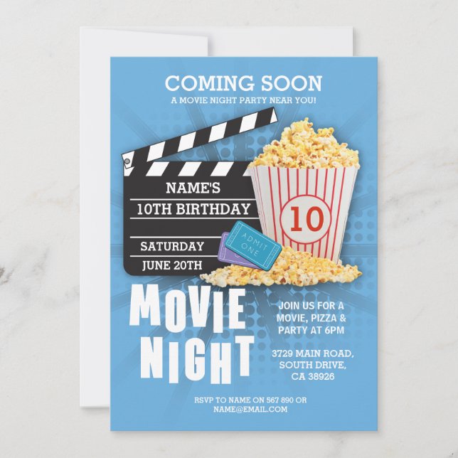 Invitation bleu de fête d'anniversaire de cinéma (Devant)