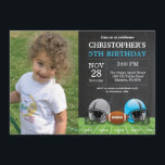 Invitation Bleu de fête d'anniversaire d'invitation<br><div class="desc">Invitation d'anniversaire du football avec la photo faite sur commande. Fête d'anniversaire. Invitation de fête d'anniversaire de garçon ou de fille. Coup orienté d'anniversaire de sport du football. Bleu et blanc. Arrière - plan de tableau. ęr Premier anniversaire. ęr 2ème 3ème 4ème 5ème 6ème 7ème 8ème 9ème 10ème 11ème 12ème...</div>