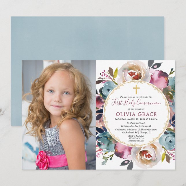 Invitation Bleu de la Marine bordeaux Première Sainte Communi (Devant / Derrière)