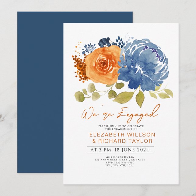 Invitation Bleu de la Marine Brûlé Orange Floral (Devant / Derrière)