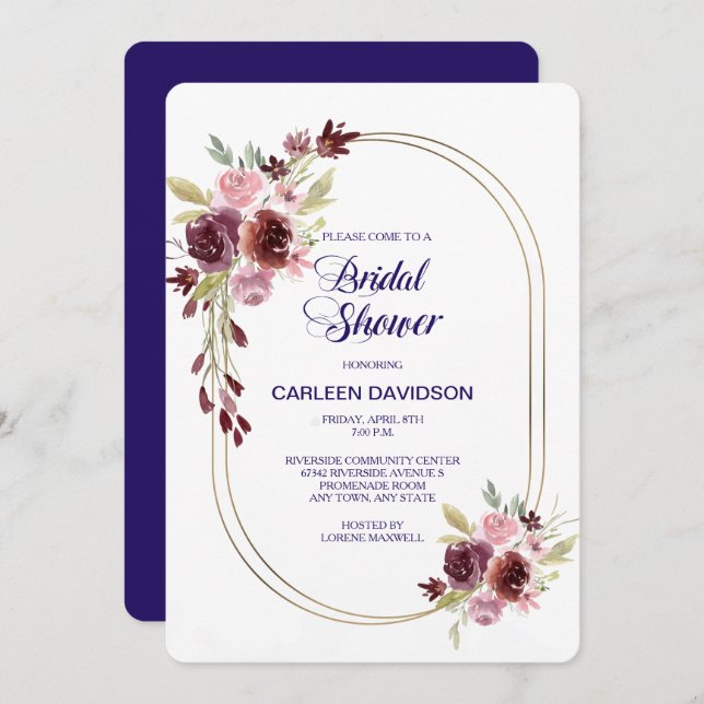 Invitation Bleu de la marine de Bourgogne Roses Fête des mari (Devant / Derrière)