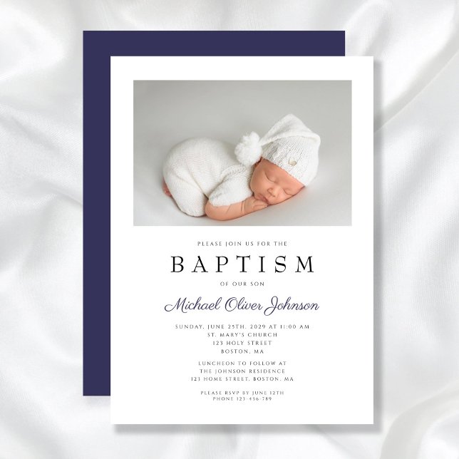 Invitation Bleu de la Marine Élégant Photo Boy Baptême (Navy Blue Elegant Photo Boy Baptism Invitation)