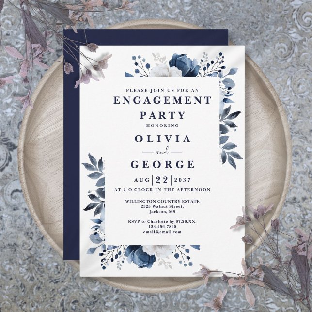 Invitation Bleu de la marine Élégante Fleur d'engagement (Navy Blue Elegant Floral Engagement Party Invitation)