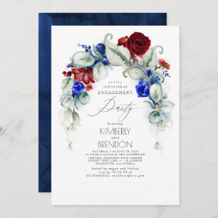 Invitation Bleu de la Marine et Burgundy Red Floral Engagemen