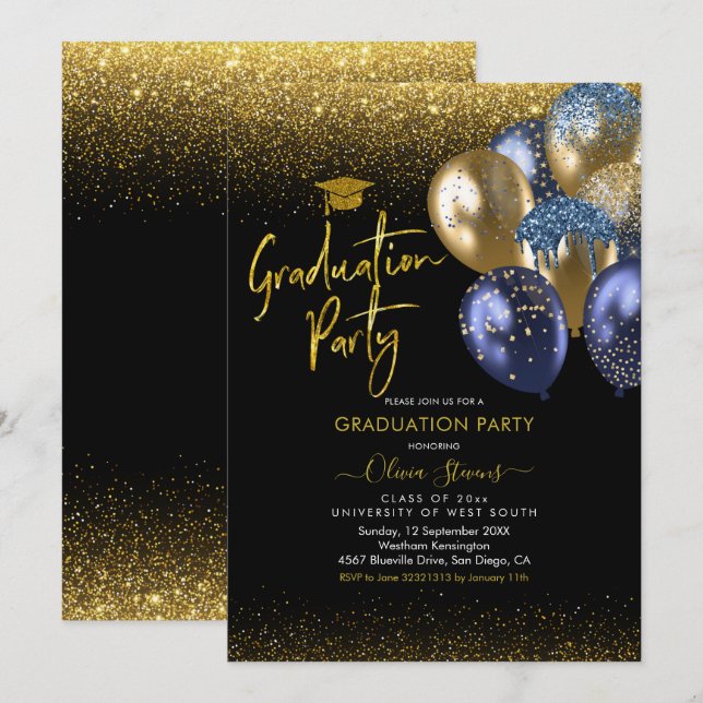 Invitation Bleu de la Marine et Gold Sparkling (Devant / Derrière)