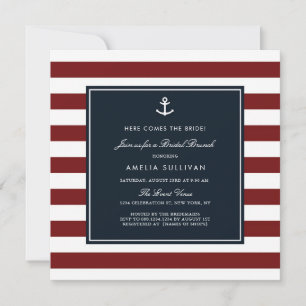 Invitation Bleu de la Marine et rayures rouges Brunch nautiqu