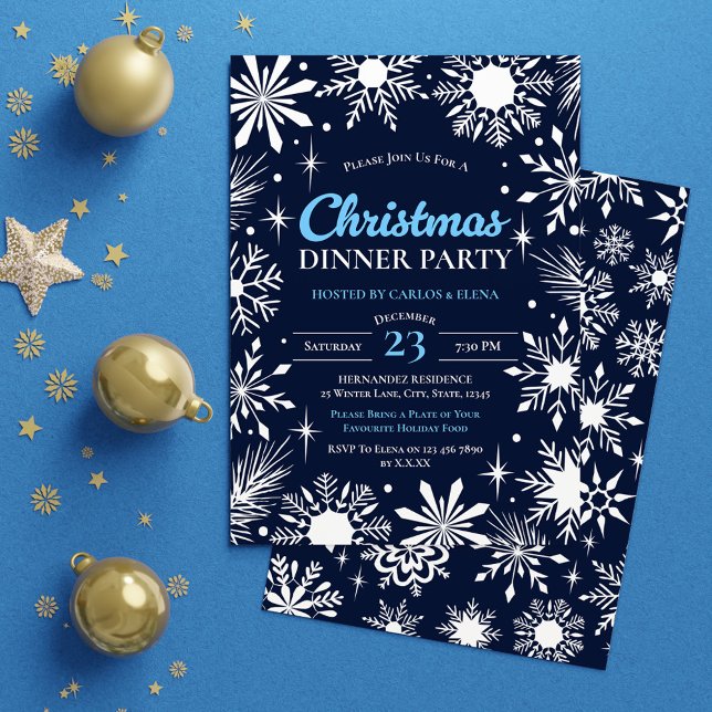 Invitation Bleu de la marine Flammes de neige Dîner de Noël (Navy Blue Snowflakes Christmas Dinner Party Invitation)