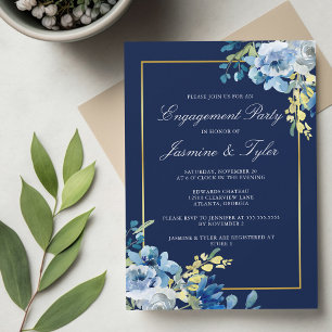 Invitation Bleu de la marine Floral Élégant parti d'engagemen