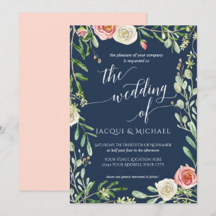 Invitation Bleu de la Marine n Blush Floral Mariage Feuille d