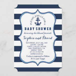 Invitation Bleu de la Marine Rayures BABY SHOWER à thème naut