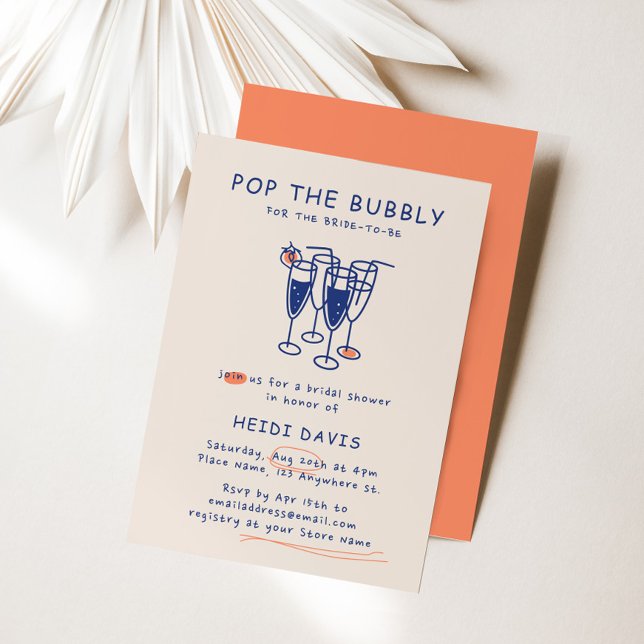 Invitation Bleu de la Marine Rétro La Fête des mariées Bubly (Retro Navy Blue Pop The Bubbly Bridal Shower Invitation)