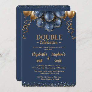Invitation Bleu de marine et ballons d'or double anniversaire
