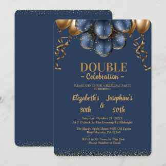 Invitation Bleu de marine et ballons d'or double anniversaire