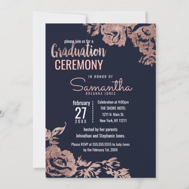 Invitation Bleu de marine et or Rose Floral Graduation (Devant)