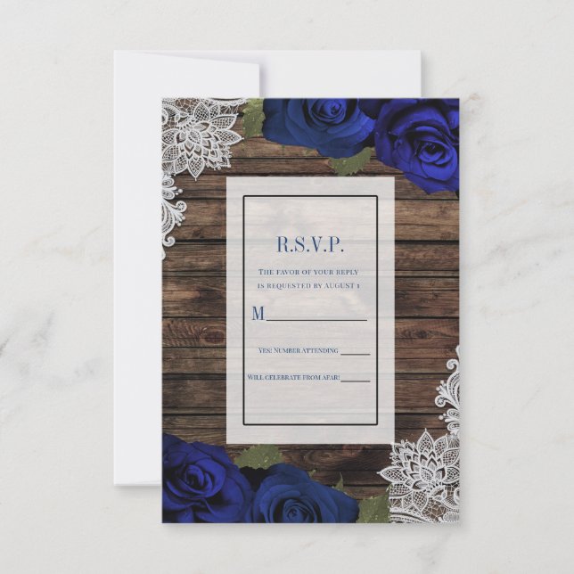 Invitation Bleu de marine Fleurs Roses Bois rustique Dentelle (Devant)