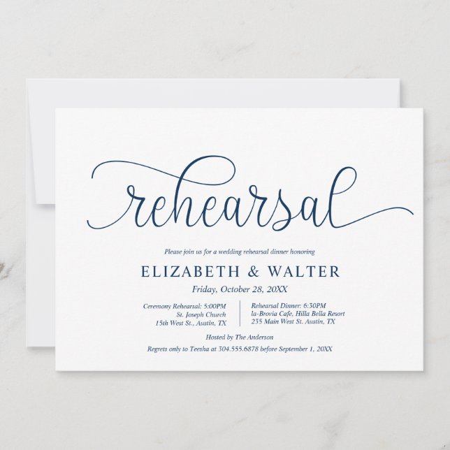 Invitation Bleu de marine moderne, répétition Mariage et dîne (Devant)