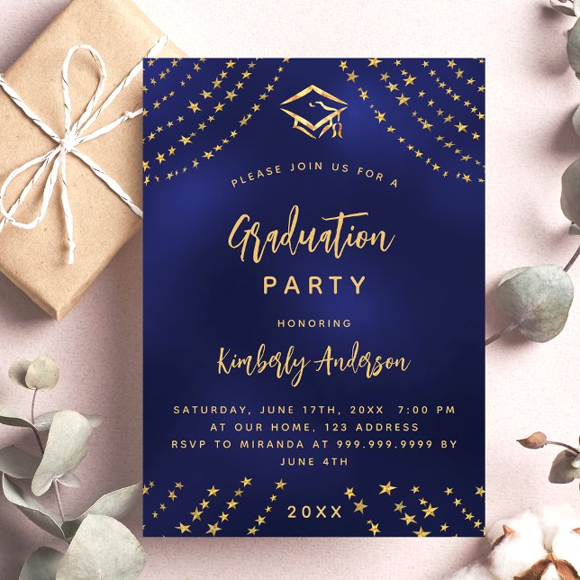 Invitation Bleu de marine or étoile fête de graduation luxe m (Créateur téléchargé)