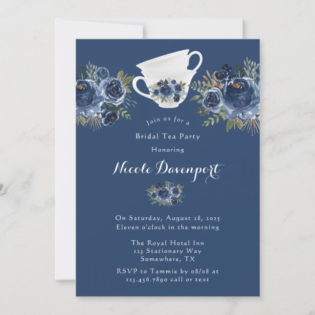 Invitation Bleu de marine Peony Mariage Tea Party (Devant)