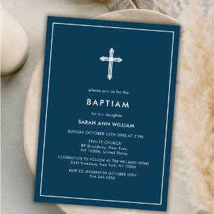 Invitation Bleu de marine Typographie minimale Cadre de Croix
