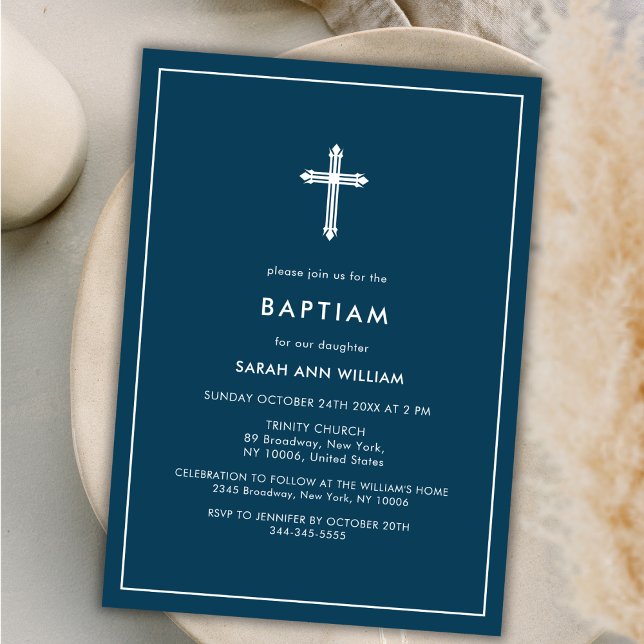 Invitation Bleu de marine Typographie minimale Cadre de Croix (Navy Blue Minimal Typography Cross Frame Baptism Invitation)