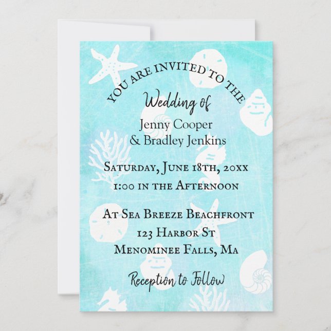 Invitation Bleu de mer et Turquoise Mariage de coquillage (Devant)