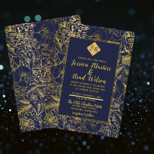 Invitation Bleu de minuit   Mariage Floral Vintage or
