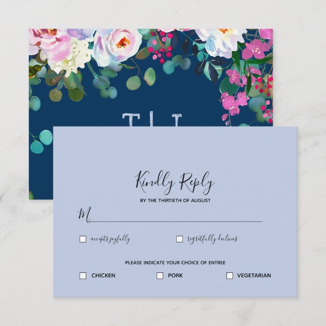 Invitation Bleu de Prusse + Pervenche Bleu RSVP Floral Aquare (Devant / Derrière)