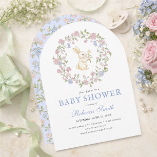 Invitation Bleu Delicate Vintage Baby shower lapin floral