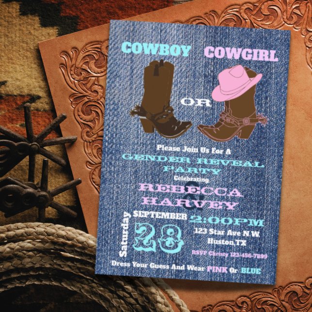 Invitation bleu denim cowboy ou cowgirl genre révéler la fête (blue denim cowboy or cowgirl gender reveal party invitation)
